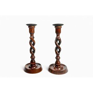 Wooden Candle Sticks Vintage Wood Barley Twist Open Taper Candlestick Holders
